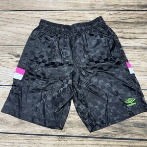Umbro Soccer Shorts Mens Small Black Checkerboard Pink White Stripe 9" Inseam